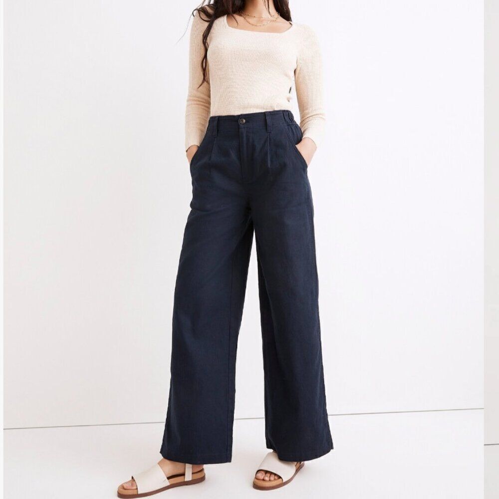 Madewell NE116/NE117  Tall + Petite Cotton-Linen Pleated Wide-leg pants Navy